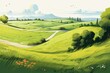 A drawing Field of lush grass on gentle slopes. Pasturage, grassland, pommel, lea, alkali, lye, and meadow. Grassy grassland in a rural landscape view. illustration. Generative AI 