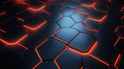 Poster - Black hexagon background with glowing red neon lights
