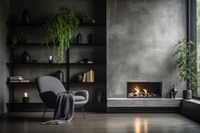 Modern Scandinavian Living Room With Chair By Fireplace And Concrete Wall Shelves