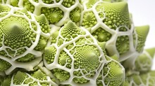 A Close-up Of The Intricate Patterns On A Romanesco Broccoli, Highlighted Against A White Environment.