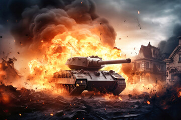 War Concept. Tank in a destroyed city or village. Military action battle scene against the backdrop of fire, smoke and explosions. Battle in ruined city. Selective focus.