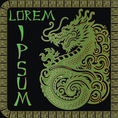 Wall Mural - Green gold seamless asian style pattern with chinese traditional ornamental dragon and meanders borders frame. Happy Chinese new year 2024 Zodiac sign, year of the Dragon. Space for text. Lorem ipsum