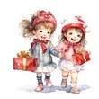 © IMAGINIAC - Children carrying Giftbox For Christmas Event. Watercolor Style. AI Generated