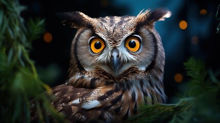 close up big eyes owl on tree branch look cute and curious, generative ai