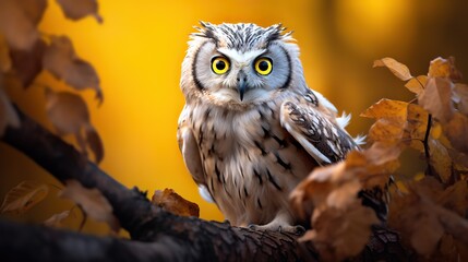close up big eyes owl on tree branch look cute and curious, Generative Ai