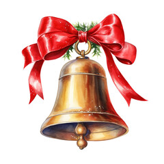 Christmas Bell with Bow Ties For Christmas Event. Watercolor Style. AI Generated