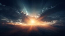 Dark Sky Background. Sunrise In Space. Sunrise With Rays And Lens Flare.