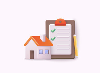 Choosing and searching for a house. House and clipboard. Mortgage, home checklist icon concept isolated on white background. 3D Web Vector Illustrations.