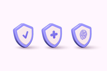 Poster - Shield with check mark, cross and  finger print sign. Symbol security safety icon. 3D Web Vector Illustrations.