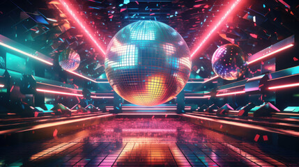 Poster - Nightclub with disco ball and neon lights.