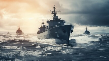 Military navy ships at sea. A modern gray warship sailing at sea