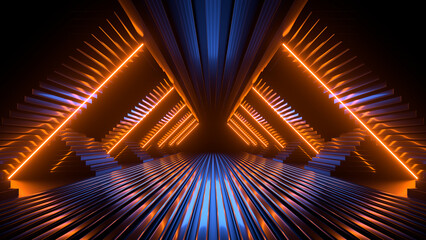 Fototapete - Sci Fi neon glowing lines in a dark tunnel. Reflections on the floor and ceiling. Empty background in the center. 3d rendering image. Abstract glowing lines. Technology futuristic background.