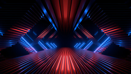 Wall Mural - Sci Fi neon glowing lines in a dark tunnel. Reflections on the floor and ceiling. Empty background in the center. 3d rendering image. Abstract glowing lines. Technology futuristic background.