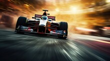 Racing Driver Passes The Finish Point And Motion Blur Background. Motion Blur Background. Blur Shows Speed Of Formula 1