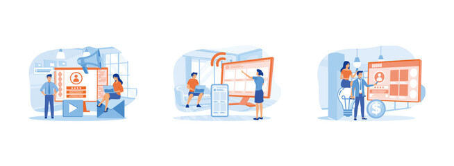 Marketing technique for client retention. Adaptive content presentation on different web pages. Employee loyalty online service. Online service set flat vector modern illustration