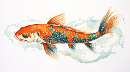 Wall Mural - A stunning koi fish with a striking combination of emerald green and rich orange scales, creating a mesmerizing contrast on a blank white background.