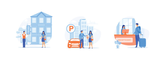 Poster - hotel service. valet parking worker gets keys from clients car. receptionist provide information to 