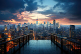 Fototapeta  - Stunning sunset view of a city skyline from a high vantage point, with skyscrapers and vibrant evening colors.