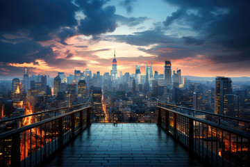 Wall Mural - Stunning sunset view of a city skyline from a high vantage point, with skyscrapers and vibrant evening colors.