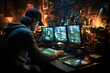 © apratim - Young man intensely focused while playing video games on a multi-monitor gaming setup in a dark room.