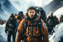 Confident Bearded Man In Winter Gear Leading An Expedition Through Snow-covered Mountains.