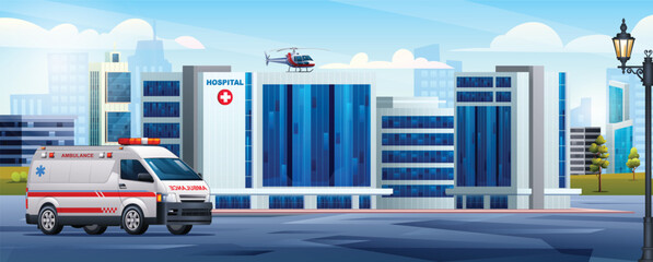 Wall Mural - Public hospital building with ambulance car and medical helicopter. Medical concept design background landscape illustration