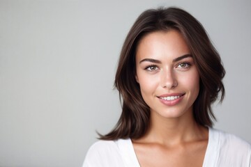 Wall Mural - portrait studio d'une jeune femme souriante cheveux mi-long brune châtain en chemisier blanc, sur fond gris clair