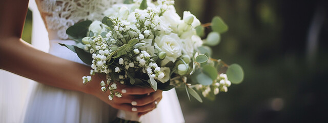 Wall Mural - a bride holding a bouquebride in a white dress holding a bouquet of eucalyptus and white flowers