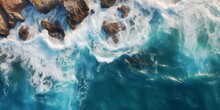 Aerial View Of Sea And Rocks Ocean Blue Waves Crash To Shore