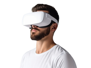 Aufkleber - Man experiencing virtual reality with a VR headset, isolated on a white background. Generative AI