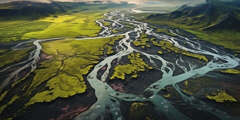 Wall Mural - Aerial drone view to river. Iceland Landscape