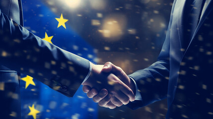 Men shaking hands against flag of European Union, closeup. International relationships