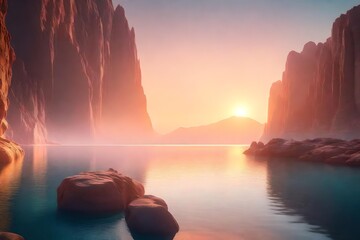 Wall Mural - 3d render  futuristic landscape with cliffs and water modern minimal abstract background. spiritual zen wallpaper with sunset or sunrise light