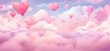 Watercolor landscape with clouds and flying hearts in blue and pink tones with space for text. Minimalism. Valentine's Day. Place for copying.