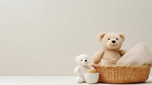 A Basket And A Bear And Accessories For Bathing A Child In Light Colors