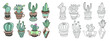 doodle sketch drawing flat style of house plants - flowerpots with cacti, vector illustration