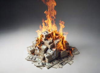 Wall Mural - Burning money, collection of banknotes with flames isolated on a white background, finance concept for inflation, currency and investment risk, selected focus.