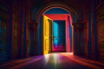 Poster - **colorful illustration of door open the other dimension created with generative al