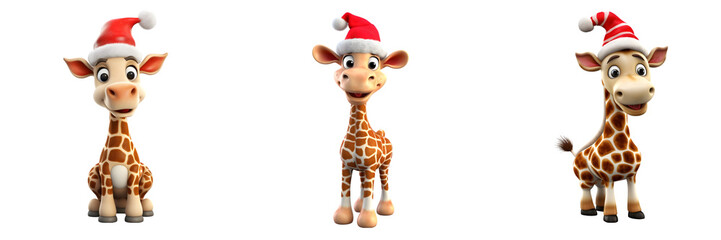 Wall Mural - 3D Set of Giraffes in Santa Hats on Transparent Background