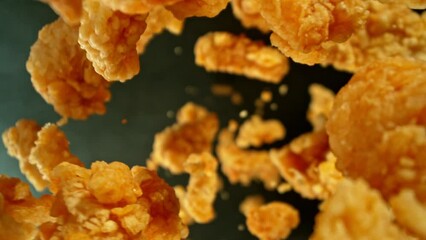 Aufkleber - Super Slow Motion of Flying Fried Chicken Pieces on Black Background. Camera Makes Rotation Move. Filmed on High Speed Cinema Camera, 1000fps. Speed Ramp Effect.