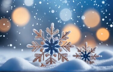 Beautiful decorative snowflakes in the snow against a blue natural background with falling snow and bokeh. Christmas winter background for design