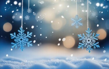 Beautiful decorative snowflakes in the snow against a blue natural background with falling snow and bokeh. Christmas winter background for design