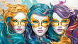 Three women adorned with stylized, colorful masks celebrate the vivacity of carnival, their hair flowing in harmony with the whimsical designs, echoing the exuberance of masquerade festivities