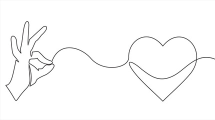 Wall Mural - One continuous line drawing of hands holding heart. Concept of love relationship and volunteer organisation symbol in simple linear style. Editable stroke. Doodle Vector illustration
