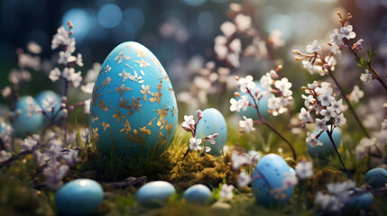 Wall Mural - Easter eggs in a meadow surrounded by flowers