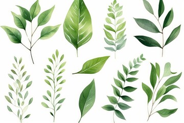 Wall Mural - Set of watercolor green leaves elements. Collection botanical isolated on white background suitable for Wedding Invitation, save the date, thank you or greeting card, Generative AI