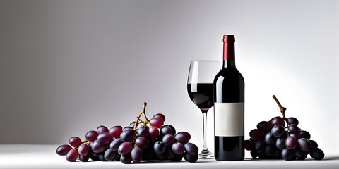 Red wine bottle with wine grapes isolated on white background.