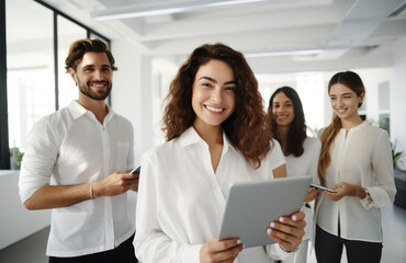 A smiling female employee of the company, a manager in a shirt, a group of people working together, positive colleagues