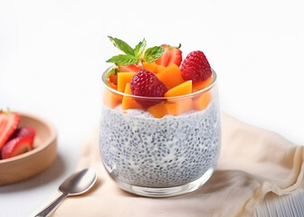 Wall Mural - Summer fruit meal made of chia seeds pudding, fresh raspberries, strawberries, mango cubes and herbs in glass on isolated pastel white background. Healthy breakfast. Food concept.