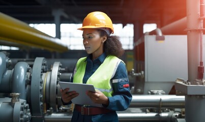 engineer woman dark skin wearing uniform and safety helmet under inspection and checking production process,HVAC system (Heating,Ventilation and Air Conditioning) on factory station, Generative AI